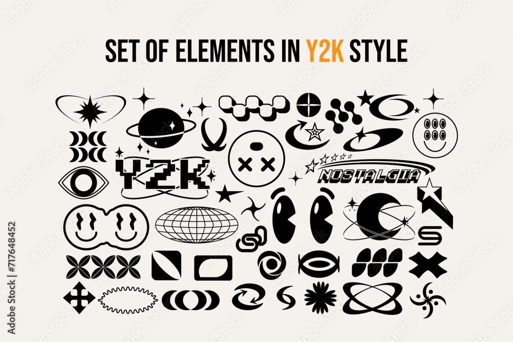 Aufkleber set of modern abstract shapes and figures in 2000s style. y2k elements. futuristic templates geometr
