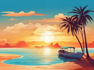 Fototapeta na wymiar Logo Of A Sunset On A beach With Palm Trees And Boats