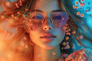 Flower Power: A Flower-Filled Face with Sunglasses and a Flower Crown Generative AI