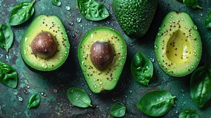 Beautiful cuts of avocado, a creative layout to emphasize the fruit's softness and deliciousness, a...