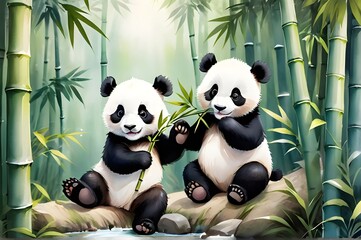 Adorable panda cubs frolicking in a bamboo forest