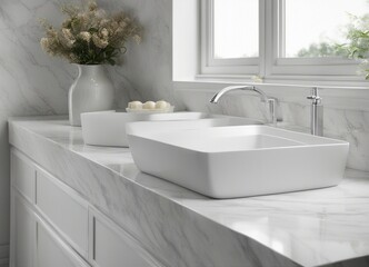 White bathroom marble countertop with copy space on blurred window background
