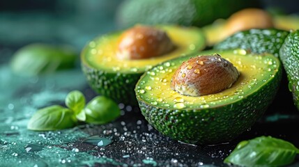 Beautiful cuts of avocado, a creative layout to emphasize the fruit's softness and deliciousness, a few drops of water.