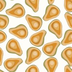 Cute avocado isolated on white background. Avocados with leaves and slice. Natural delicious fresh ripe tasty summer fruit. Vector illustration for packaging, card, other design. Food concept