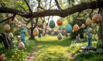 Easter egg hunt in a park with decorated eggs