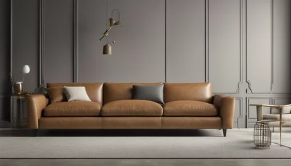 Türaufkleber camel colored leather sofa and gray wall color, minimalist design  © abu