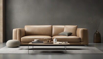 camel colored leather sofa and gray wall color, minimalist design

