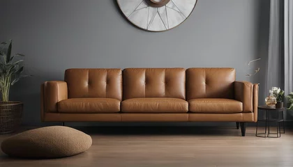 Schilderijen op glas camel colored leather sofa and gray wall color, minimalist design  © abu