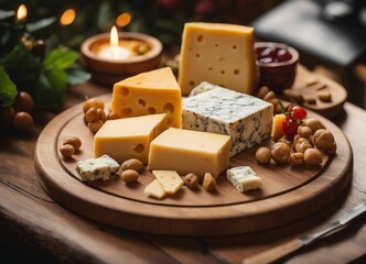 cheese assortment in a wooden presentation plate
