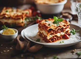 delicious home made traditional lasagna with ingredients on wooden desk at cozy kitchen
