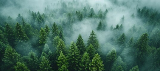 Aerial view misty pine spruce forest. Generative AI technology.