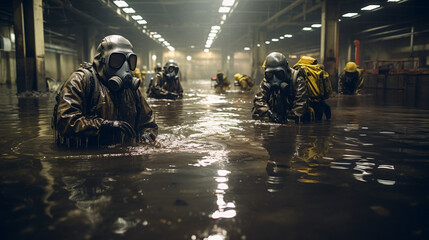 Technicians in gas masks assess toxic spills in industry - obrazy, fototapety, plakaty