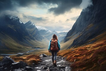a woman wandering in the mountains in her backpack - obrazy, fototapety, plakaty