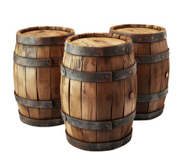 Obraz premium Three wooden barrels isolated on transparent background