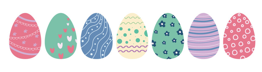 Colorful Easter eggs drawn by hand on a white background.