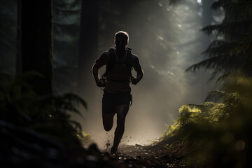 Silhouette of trail runner running on a forest trail in nature. Healthy outdoor sports lifestyle and fitness activity.