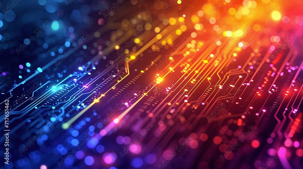 Poster abstract rendering of a digital board with electronic circuits in multispectral light shades, illust