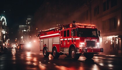 Fototapeta na wymiar fire truck driving through the streets in the night light, long exposure photo