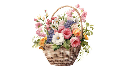 Bouquet of flowers in basket cutout. Flowers in basket in watercolor on transparent background.