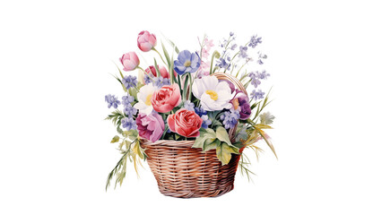 Fototapeta na wymiar Bouquet of flowers in basket cutout. Flowers in basket in watercolor on transparent background.