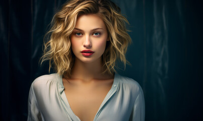 Fototapeta premium Graceful Young Woman with Short Wavy Blonde Hair, Red Lips, and Light Blouse on a Moody Blue Background