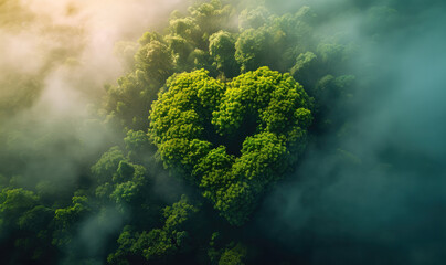 Generative AI, Green forest with heart shape, beautiful landscape with white clouds, environment love planet concept
