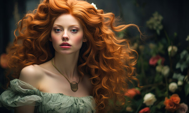 Enchanting Woman With Vibrant Curly Red Hair Adorned With Green Roses, Wearing A Vintage Ruffled Dress And A Mysterious Gaze