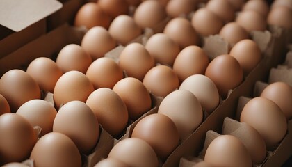 freshly collected organic eggs in cardboard boxes, top view 
