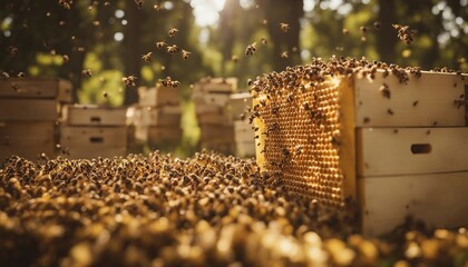 honey hive and swarm of bees on the farm
