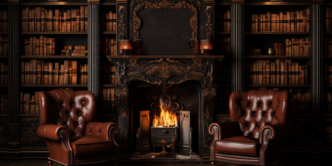 old chair,,,,A room with a fireplace and two armchairs in front of a bookcase.Indoors, a burning flame illuminates an old bookshelf in the library generated by AI
