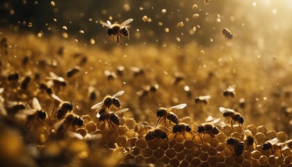 honey hive and swarm of bees on the farm
 - obrazy, fototapety, plakaty