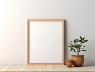 Fototapeta na wymiar 3D blank wooden frame mockup in the wall