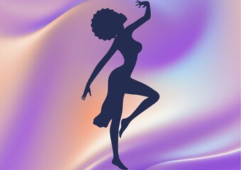 Fototapeta na wymiar Young African woman dancing illustration , party concept . Curly hair black woman , shiny background