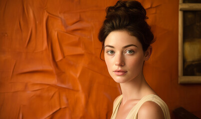 Serene Young Woman with Updo Hairstyle Against Rustic Orange Textured Background, Expressive...