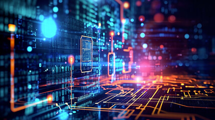 creative backdrop digital board with electronic circuits in multispectral light shades, illustrating concept of modern technology and information flow in techno art style