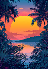 Tropical graphic sunset tropical landscapes, in the style of crisp neo-pop illustrations