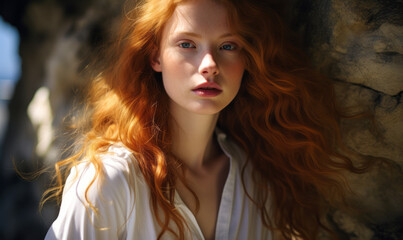 Fototapeta premium Ethereal Red-Haired Woman in White Shirt Contemplating Nature, with Sunlight Casting Warm Glow on Her Flowing Curls