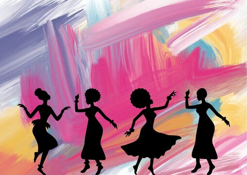 Young Africans woman dancing illustration , party concept . Curly hair black woman , shiny background