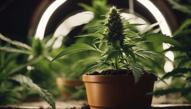 mature marijuana growing in a pot, exploding leaves and colorful dusty smoky background

