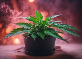 mature marijuana growing in a pot, under dim light, blurred background
