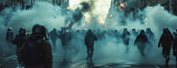 Police fire tear gas to protestor crowd. Generative AI technology.