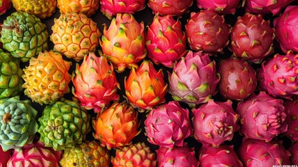 Pile of dragon fruits. Stunning background with an abundance of whole dragon fruits naturally arranged, captured from above.