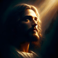 Calming image of Jesus Christ looking up. Concept of Son talking to Father in heaven.