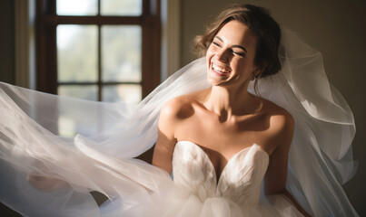 Radiant Bride in Elegant Gown Laughing, Vintage Style Bridal Portrait with Flowing Veil, Timeless Wedding Day Happiness
