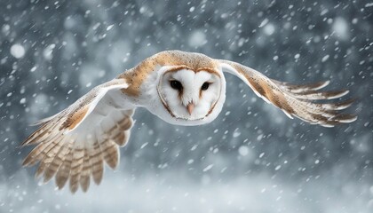 portrait of flying Barn owl in heavy snowfall
