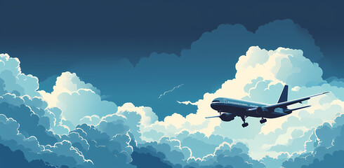 airplane flying over the clouds, blue background