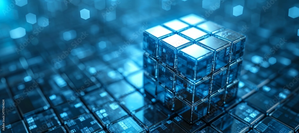 Poster Glow blue cube block. Futuristic digital technology. Generative AI technology.	
