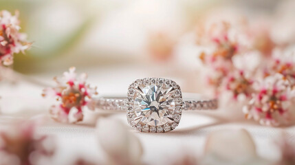 Fototapeta premium Stunning cushion cut diamond engagement ring. Selective focus.