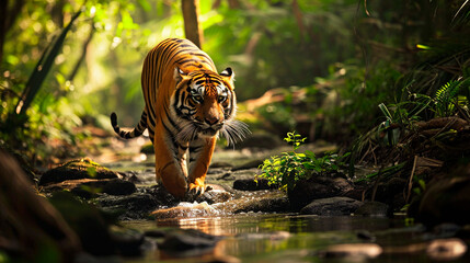 tiger in nature near the river. Selective focus. - obrazy, fototapety, plakaty