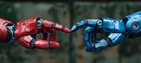 Blue and red robot hand pointing gesture. Generative AI technology.